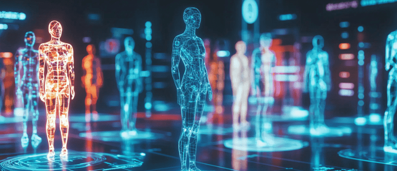 Holograms of people in a futuristic setting to represent personalized medicine